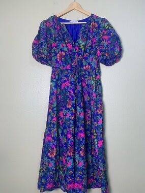 Baltic Born Blue Floral Midi Dress Puff Sleeves Pink & Green Boho Size L